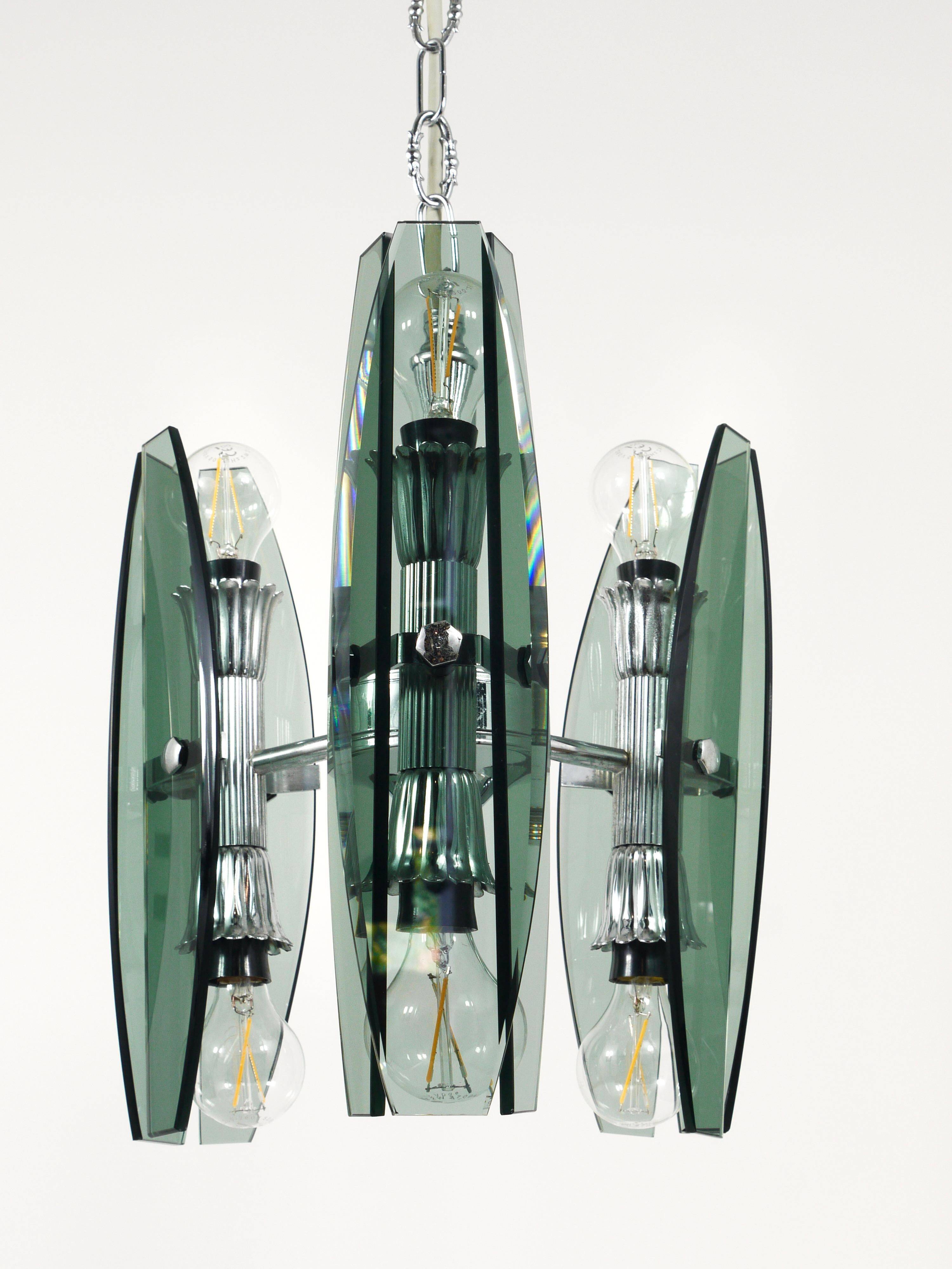 Glass and chrome suspension light in Fontana Arte style by Veca Murano, Italy.