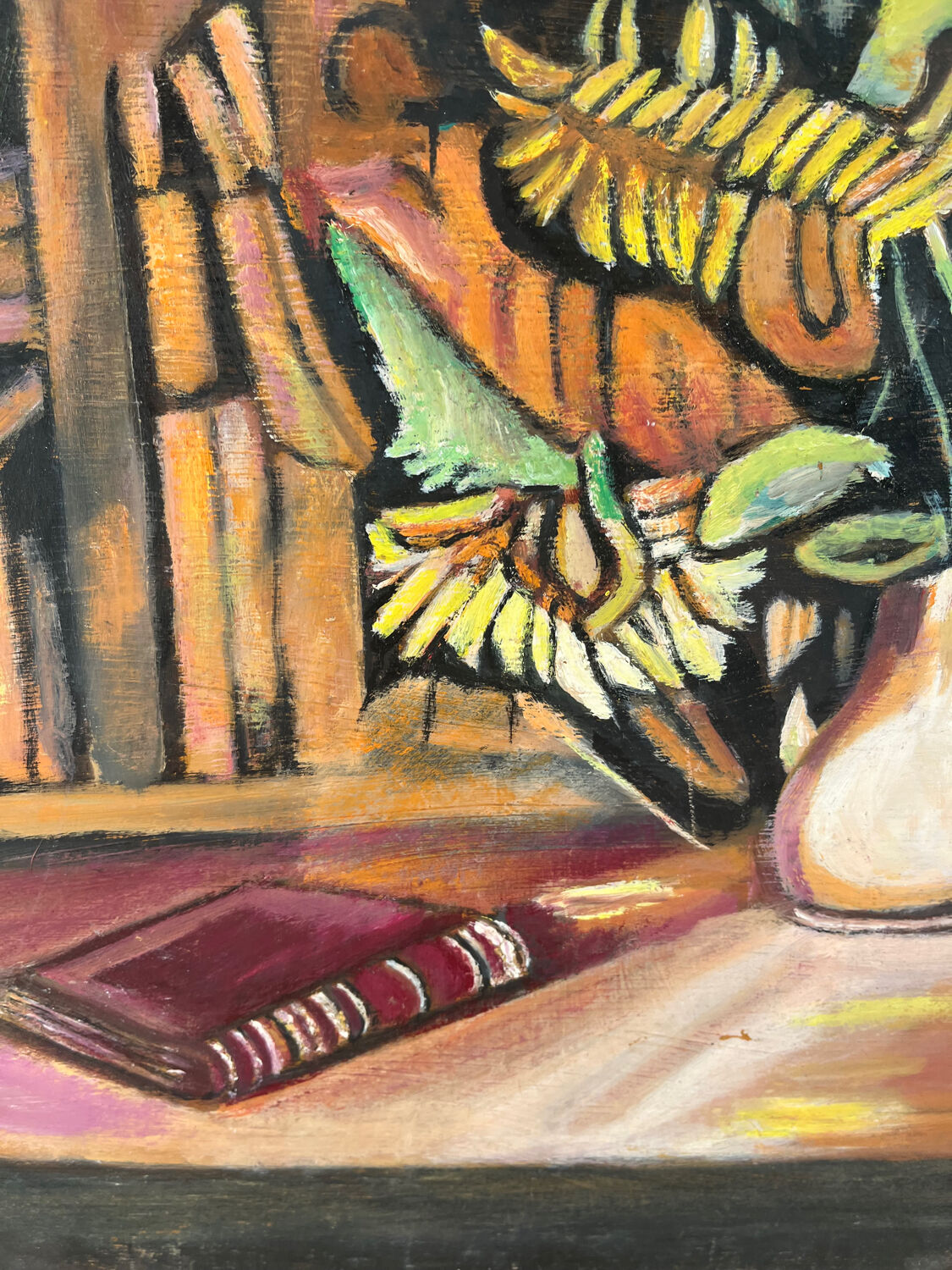 Still life, books and sunflowers, oil on panel