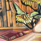 Still life, books and sunflowers, oil on panel