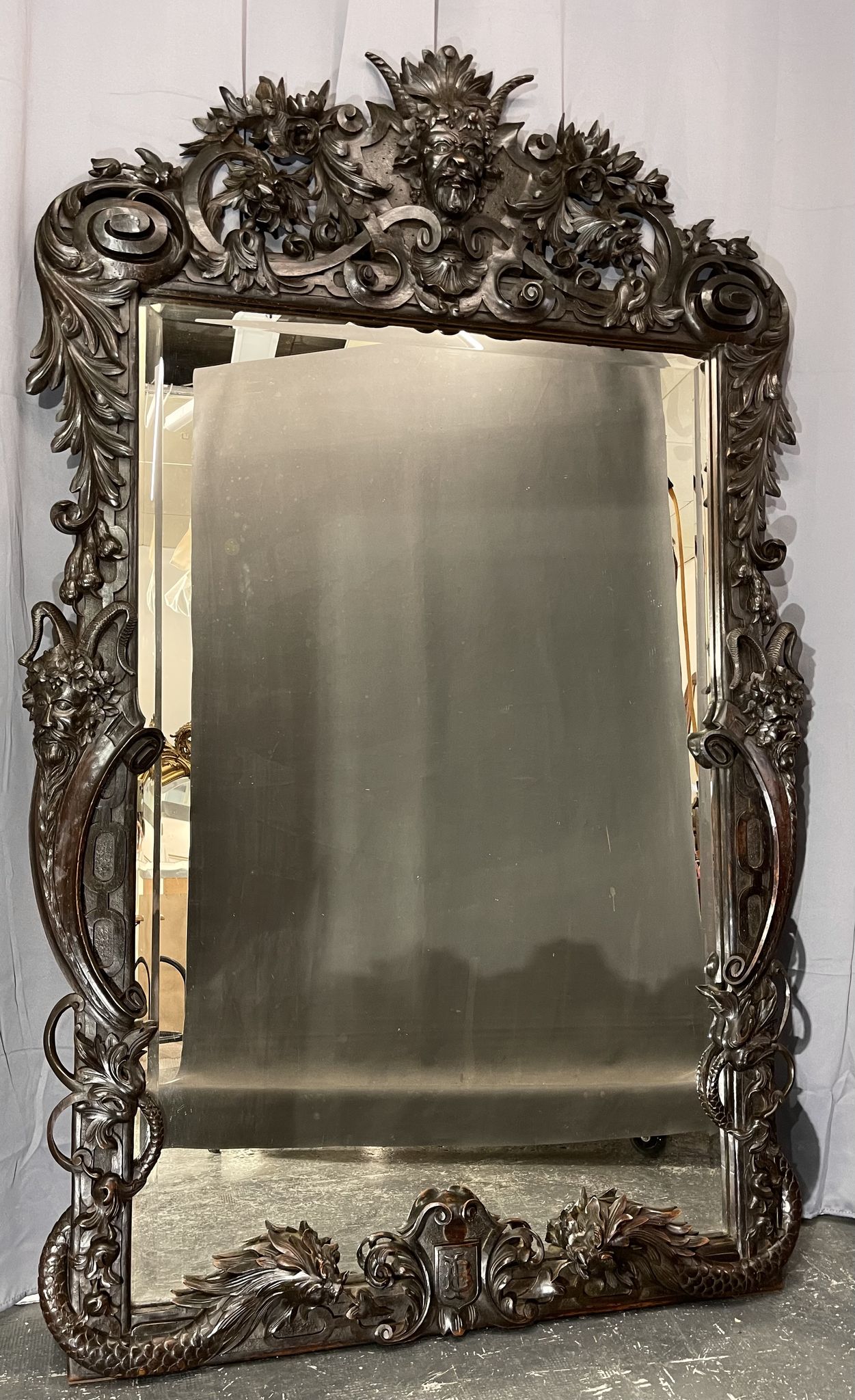 Mirror 191x122 cm period XIXth in natural wood, decoration of chimeras, satyrs