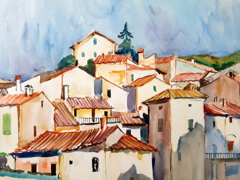 André Duculty (1912-1990) Watercolor on paper "Mediterranean Landscape" Monogrammed lower right