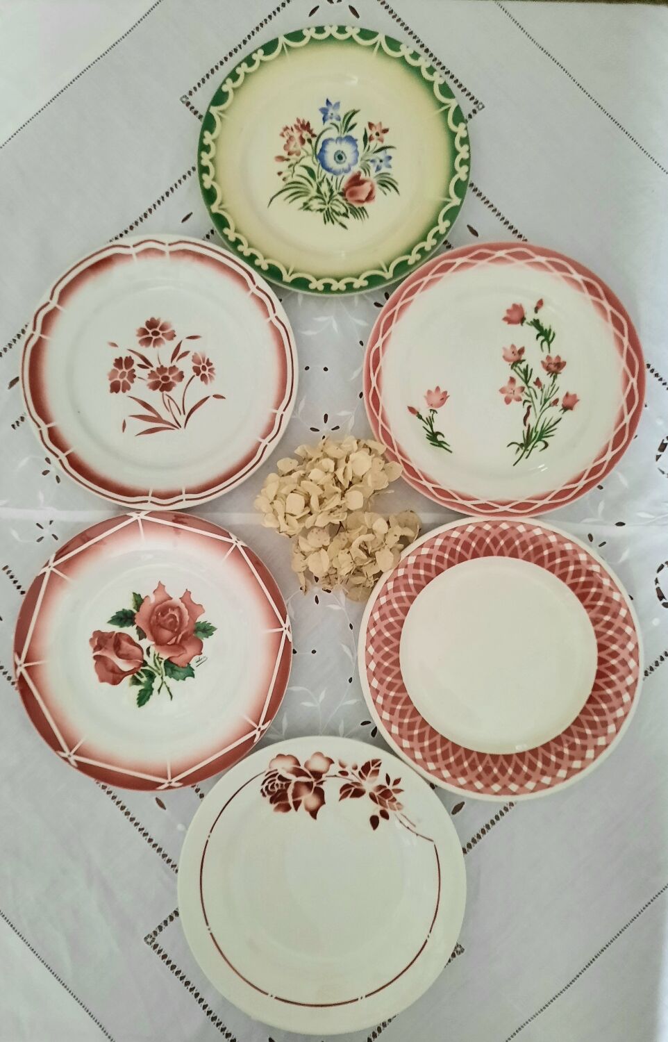 6 old flat plates mismatched in earthenware