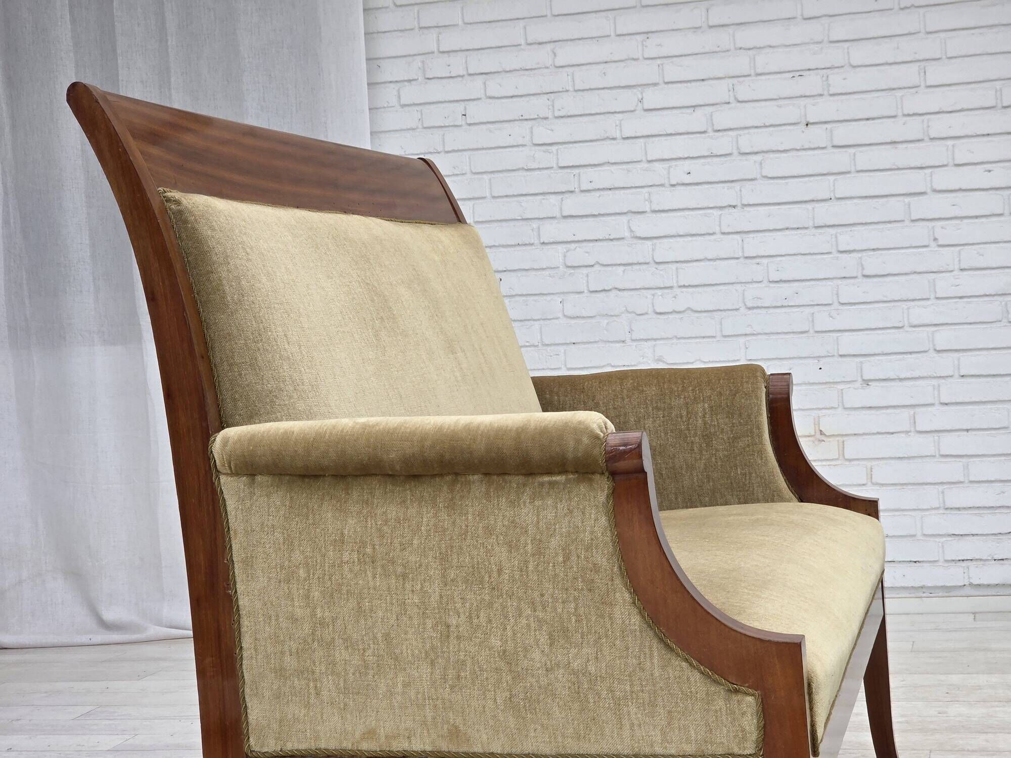 1950s, 2 seater Danish highback sofa, furniture velour, laqered teak wood.