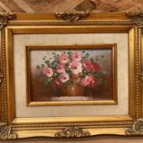 Pair of robert cox still life flowers oil painting canvas + golden wood frame