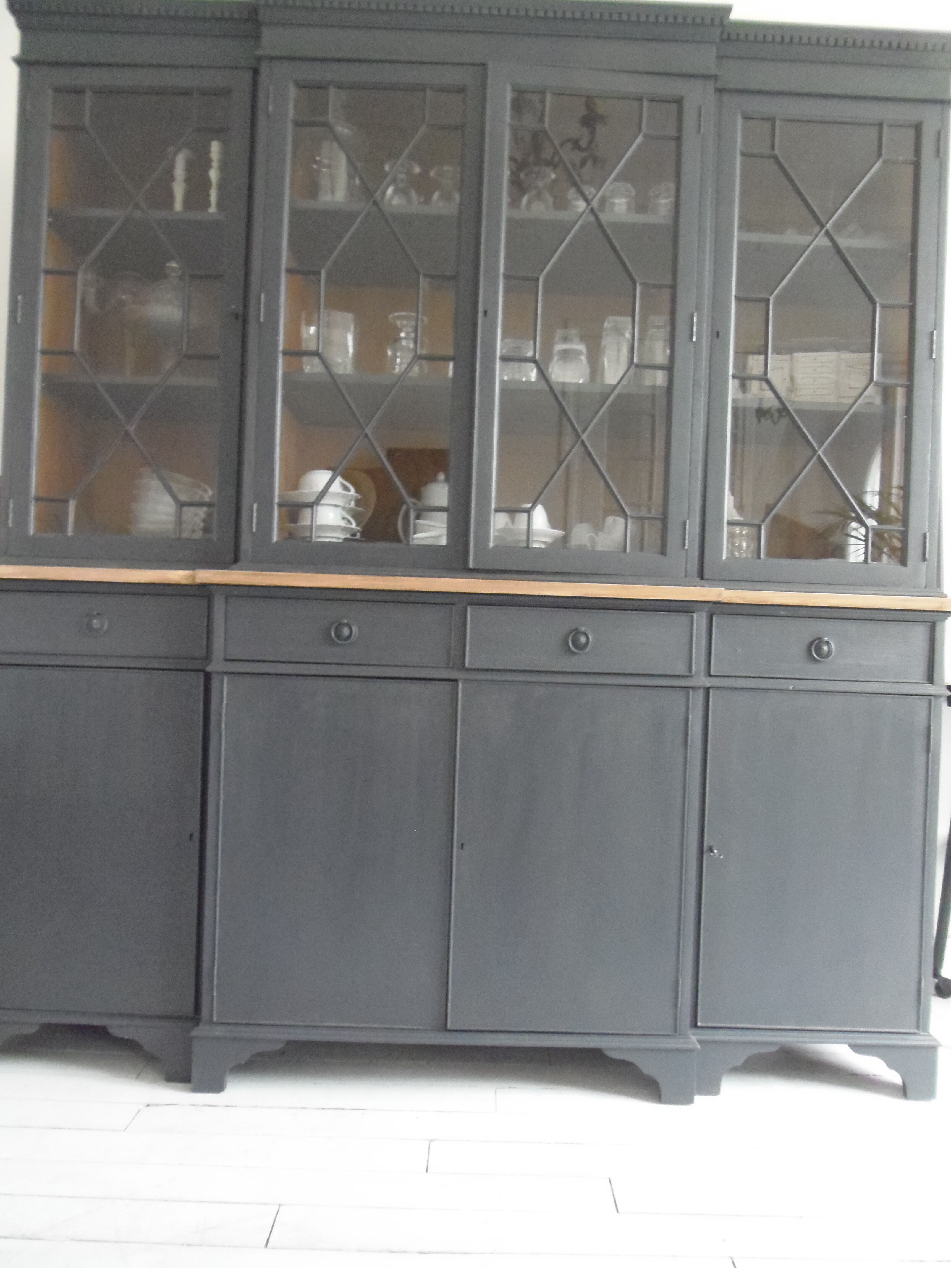 Slate grey china cabinet with wood interior