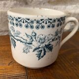 Cup and saucer old Iron earth stamped H.B.C.M Guadeloupe decoration flowers blue-green
