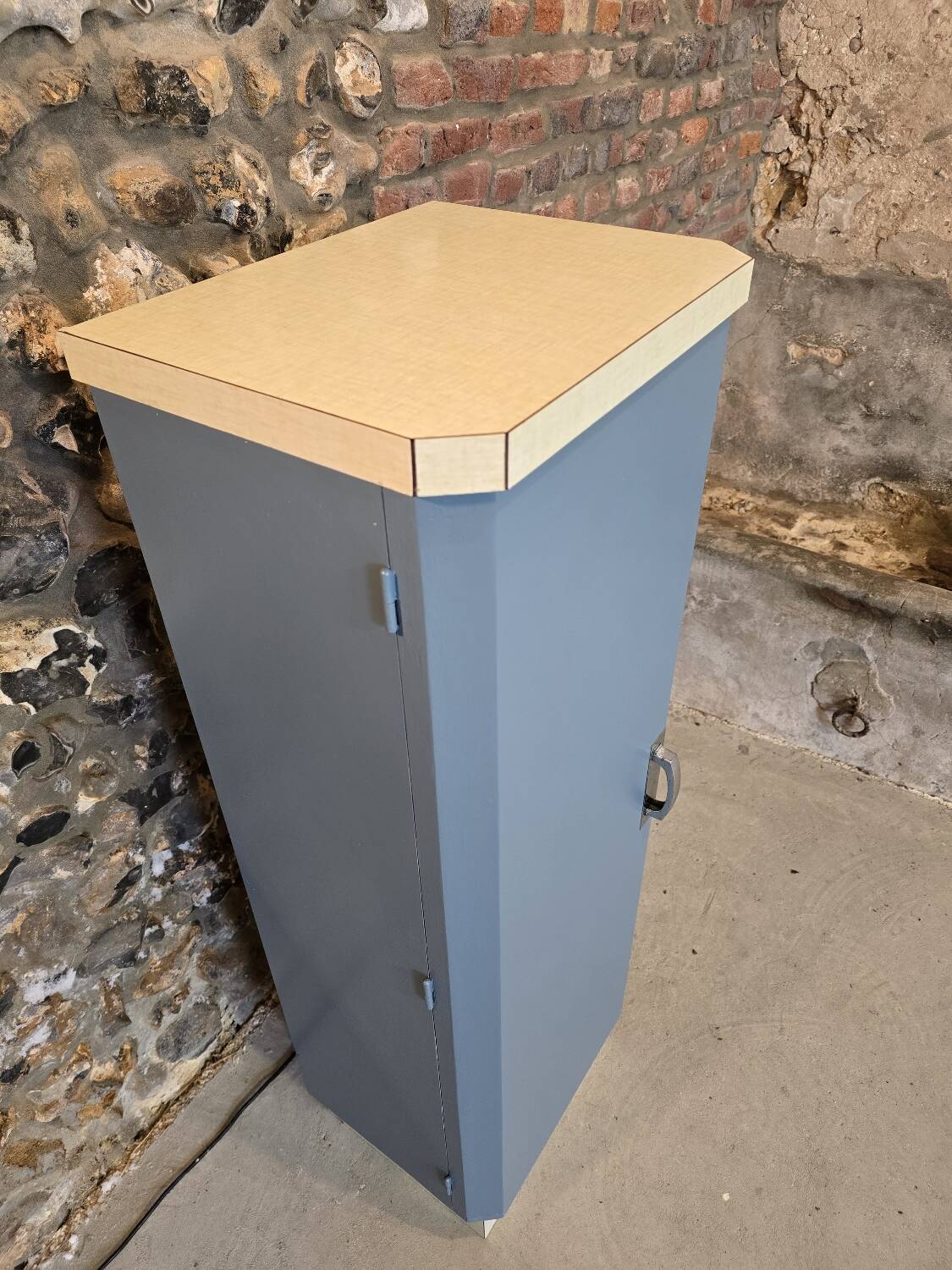 Small Mado 1960 kitchen column unit in yellow formica restyled in blue