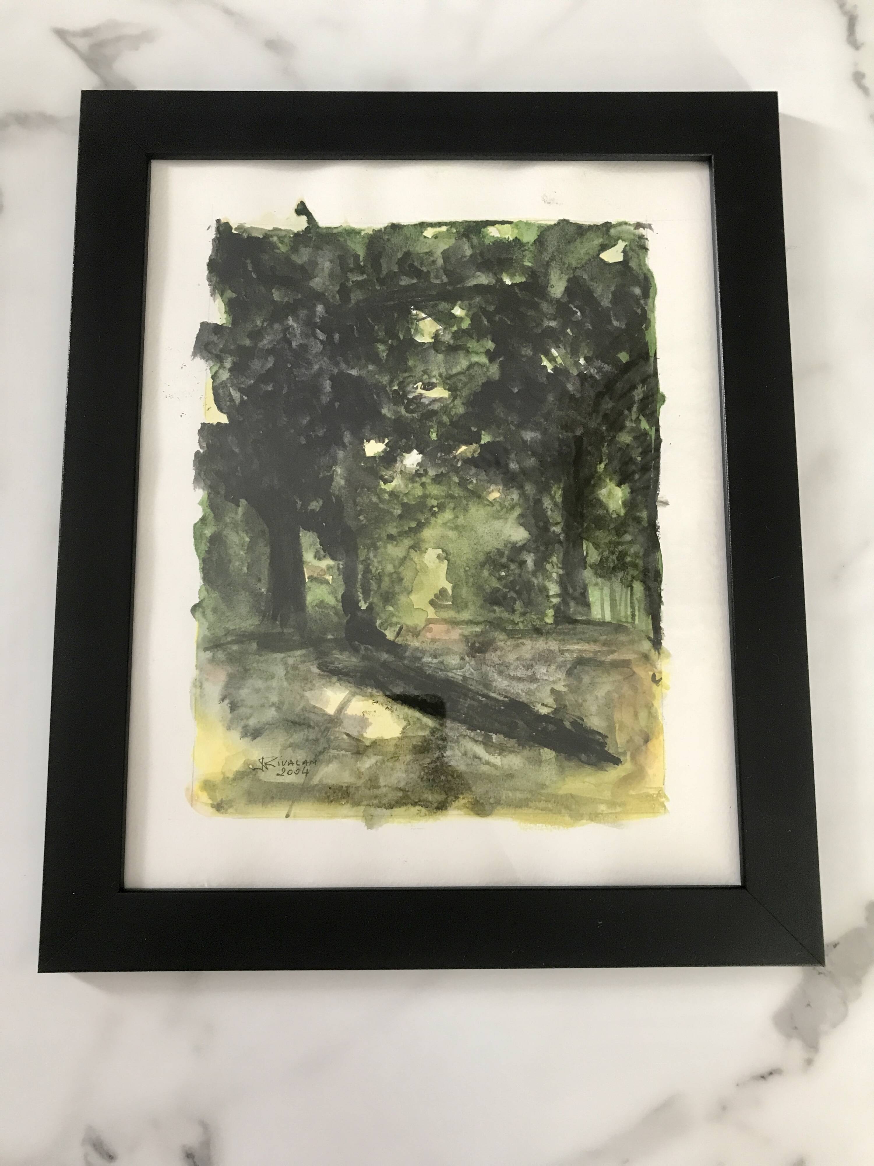 Framed watercolor under wood, signed