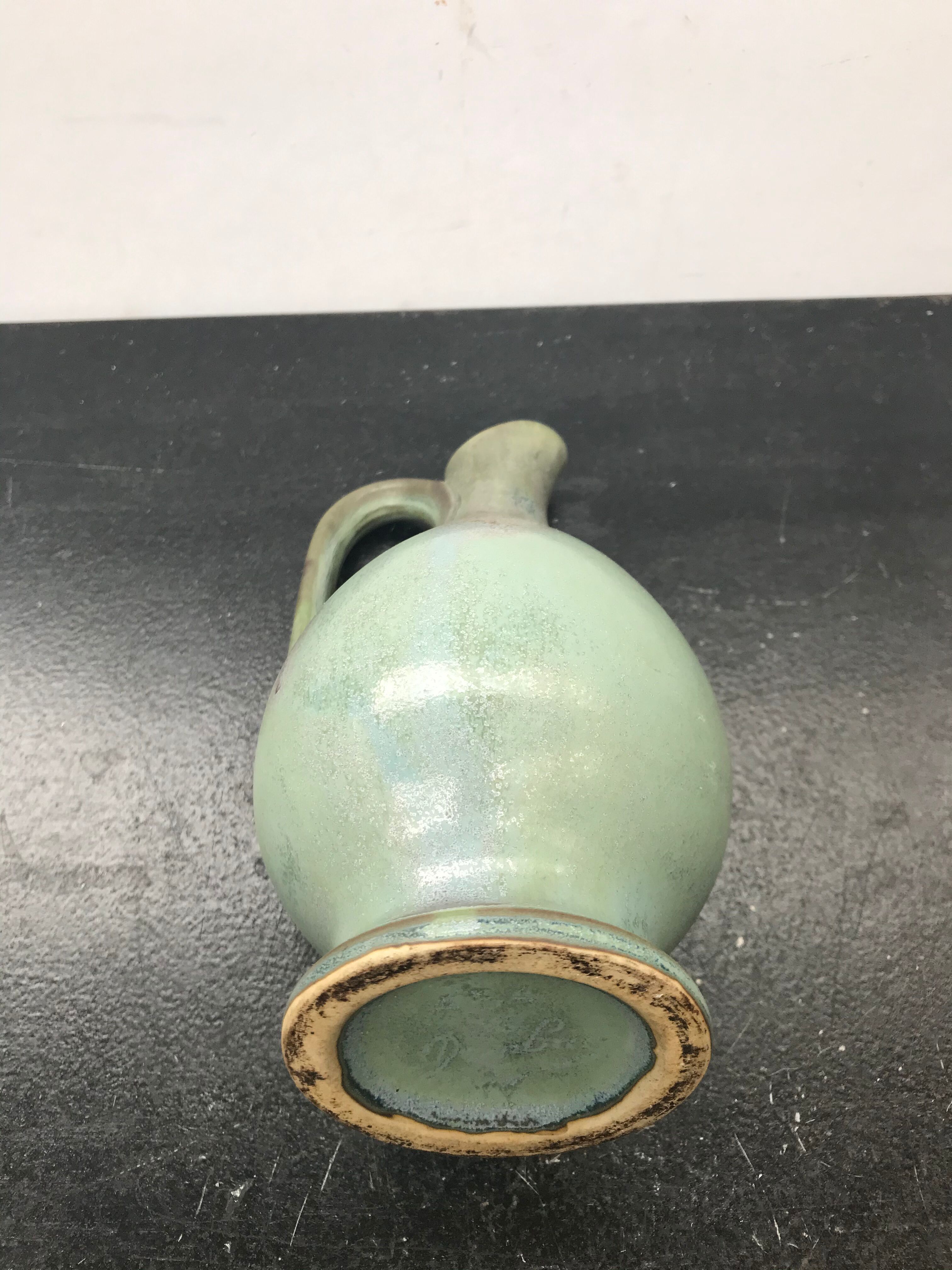 Former Green Ceramic Pitcher Signed 70s Vintage