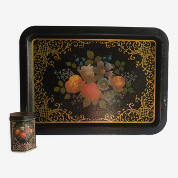 Plateau rectangulaire métal noir fleurs et boite vintage