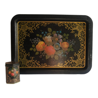 Plateau rectangulaire métal noir fleurs et boite vintage