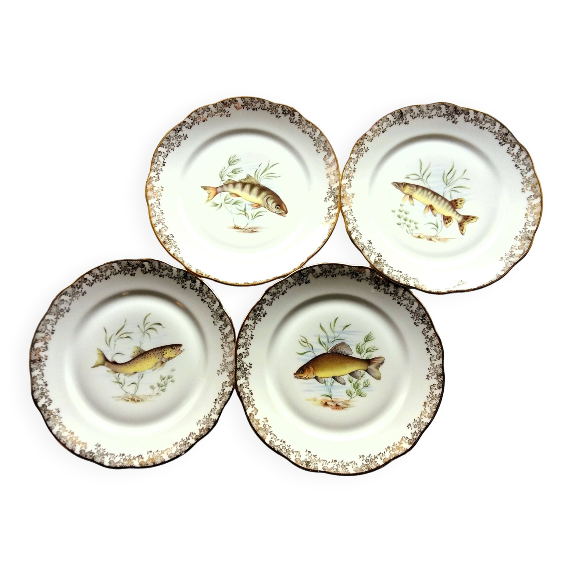 Set of four fish plates. vintage french fish plate set.