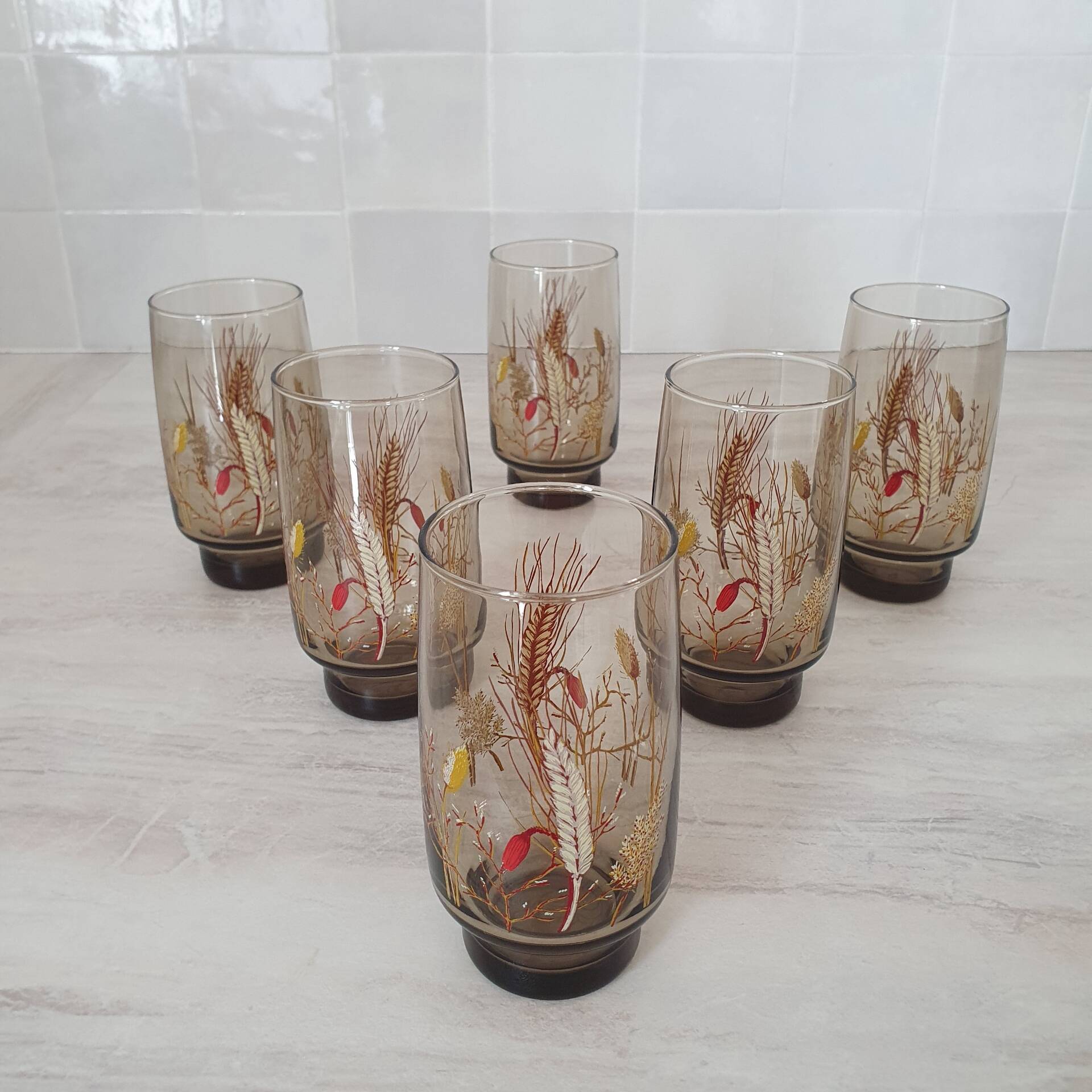 6 large smoked brown glasses
