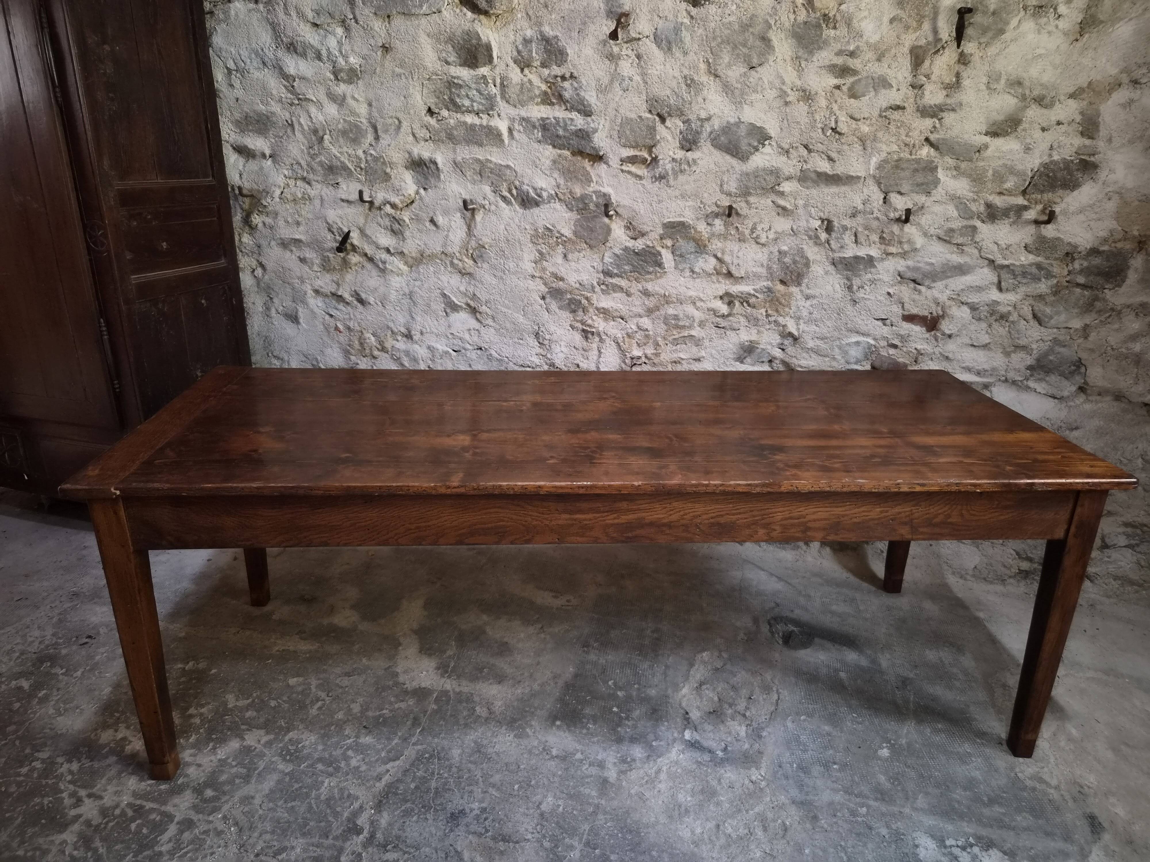 Table à manger de ferme française ancienne avec deux tiroirs | Chêne & pin | vers 1850–1900