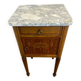 Louis XVI style bedside table, with a marble top and marquetry.