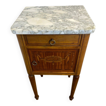 Louis XVI style bedside table, with a marble top and marquetry.
