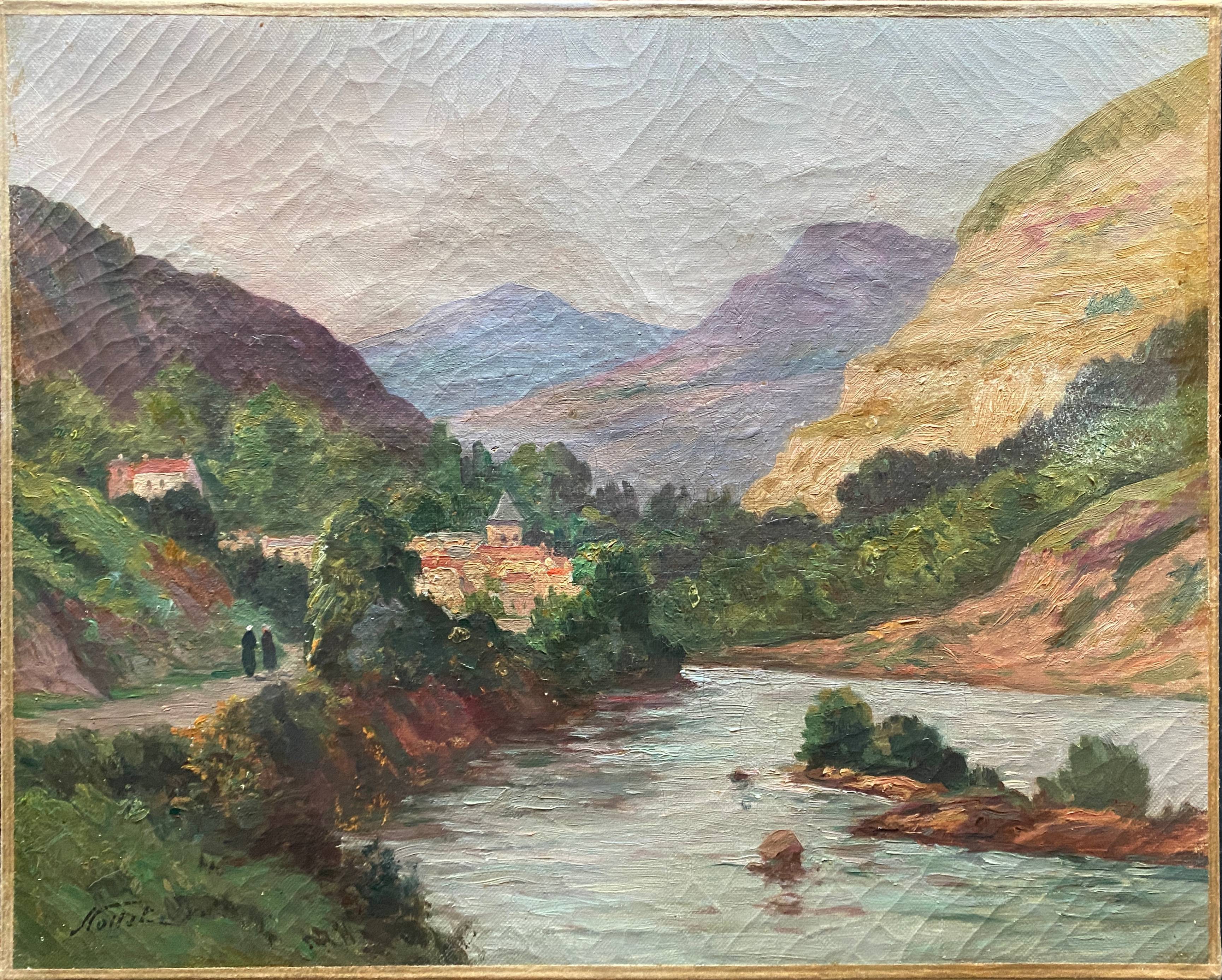 HST painting "Altitude landscape" Mountain and animated river signed