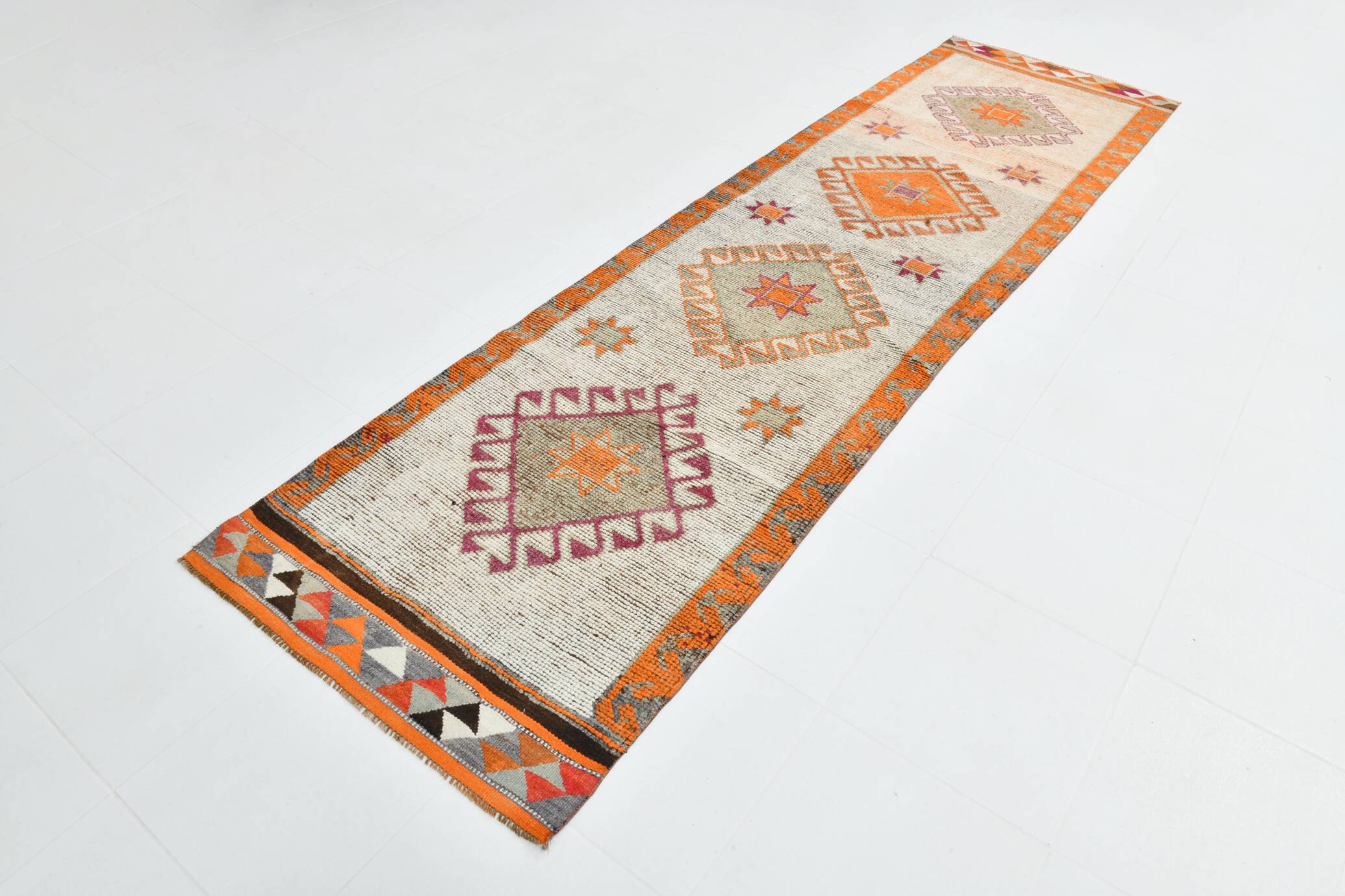 Vintage Orange Pattern Turkish Runner Rug, 95x342 Cm