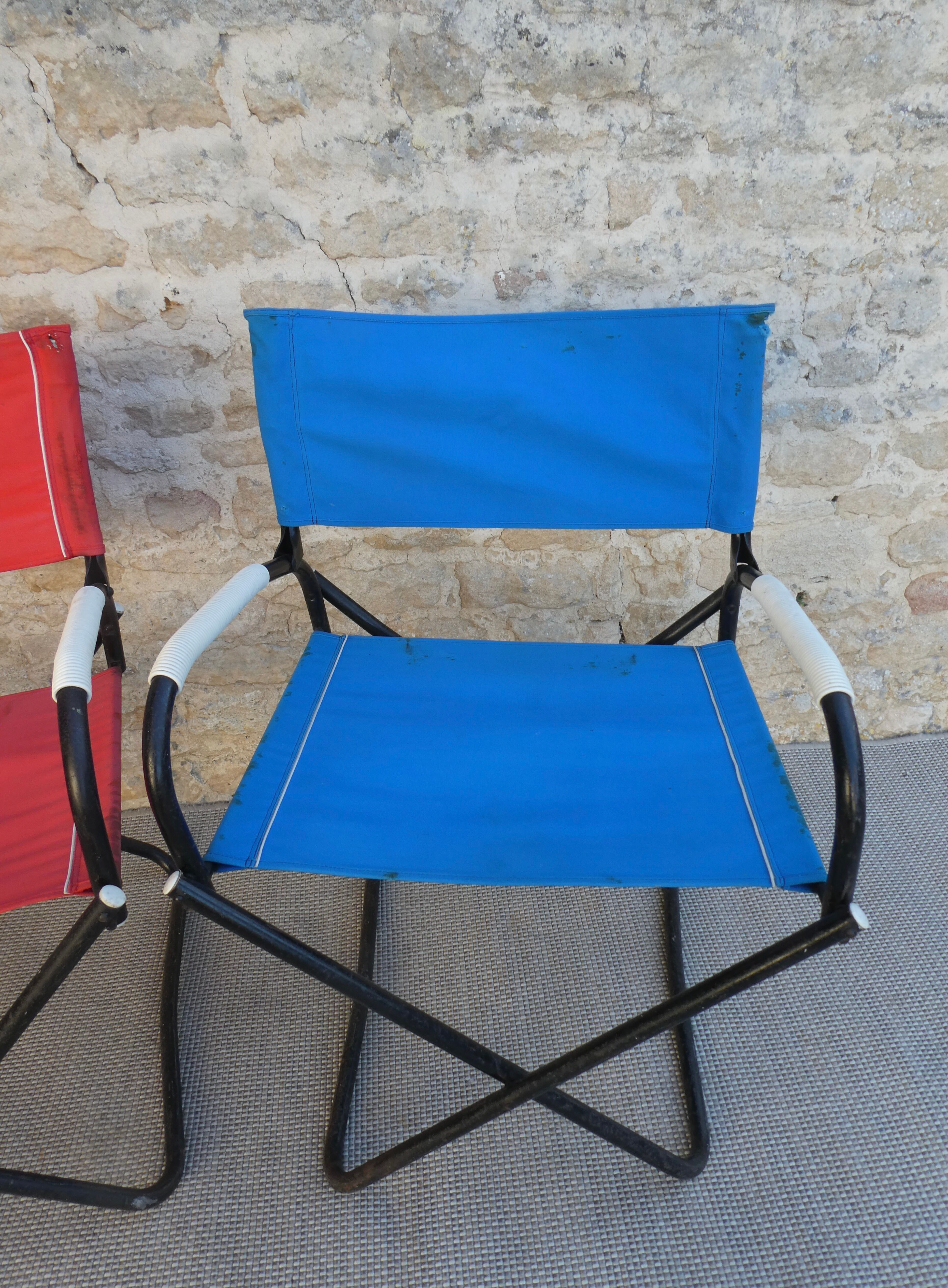 Pair of folding armchairs from the 60s, in metal and fabric