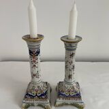 Candlesticks, square base, 19th century, Fourmaintraux, Desvres, flower decoration, scrolls, lambrequins, trellis