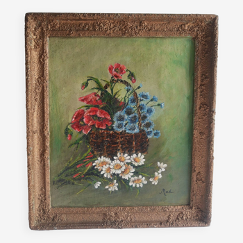 Cadre peinture bouquet de fleurs ancien vintage