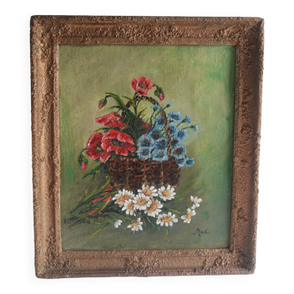 Cadre peinture bouquet de fleurs ancien vintage