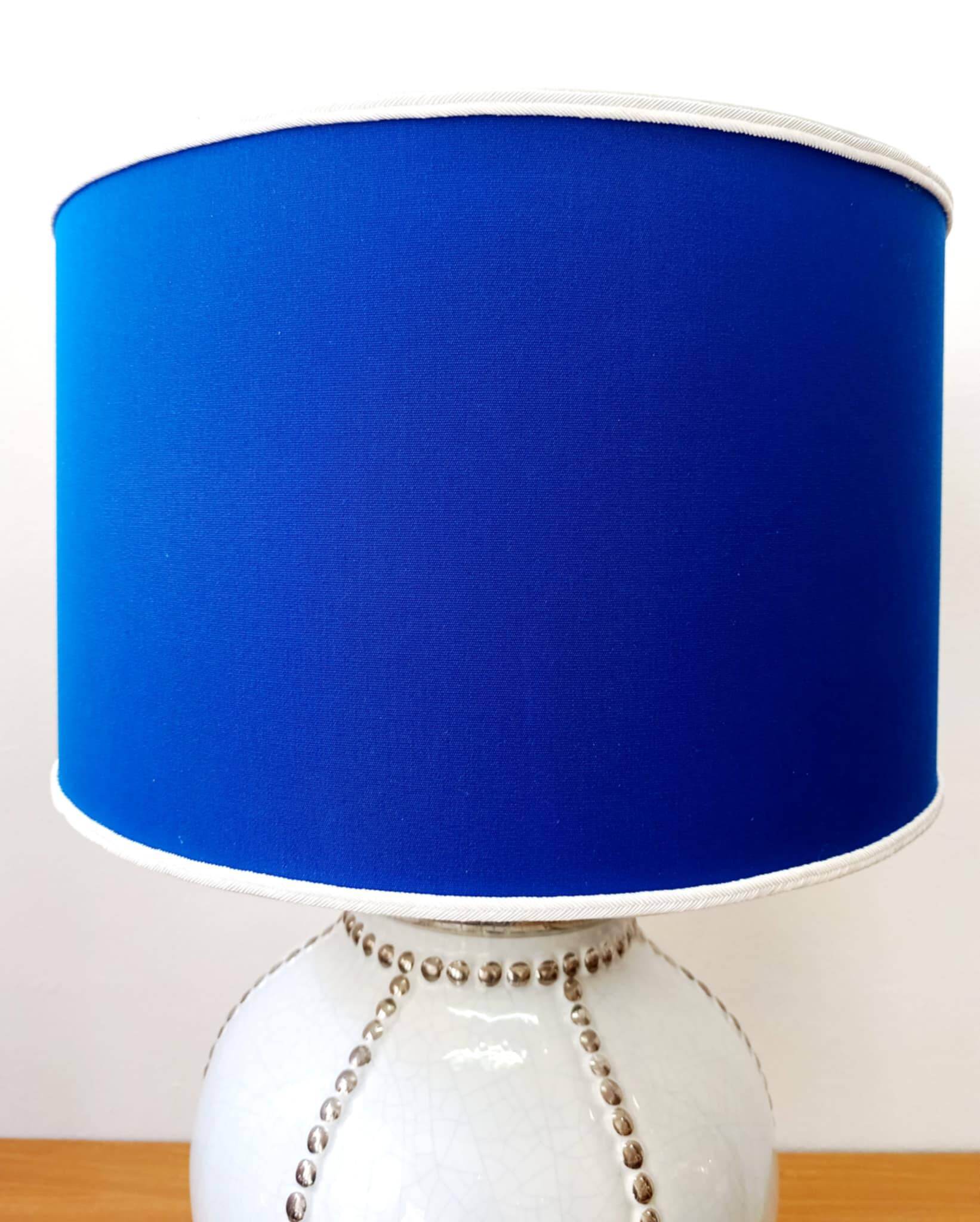 Longwy earthenware lamp and Klein blue lampshade