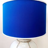 Longwy earthenware lamp and Klein blue lampshade