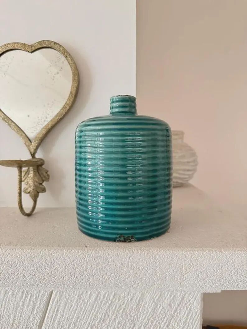 Duck blue ribbed glazed ceramic bottle vase – Mid-Century style
