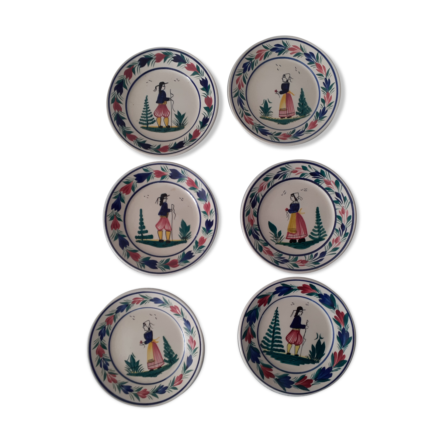 6 plates decoration characters man and woman Henriot Quimper faience Bretagne