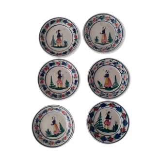 6 plates decoration characters man and woman Henriot Quimper faience Bretagne