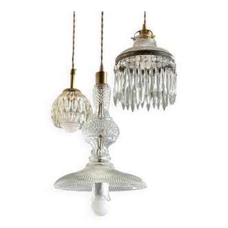 Suspension cascade triple Holophanes and vintage pendants
