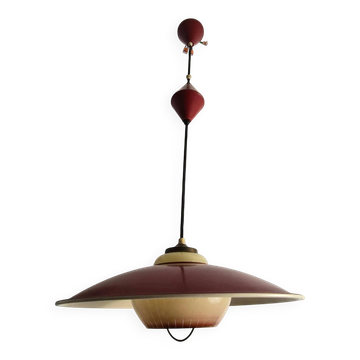 Extensible metal and opaline pendant light, Denmark, 1960.