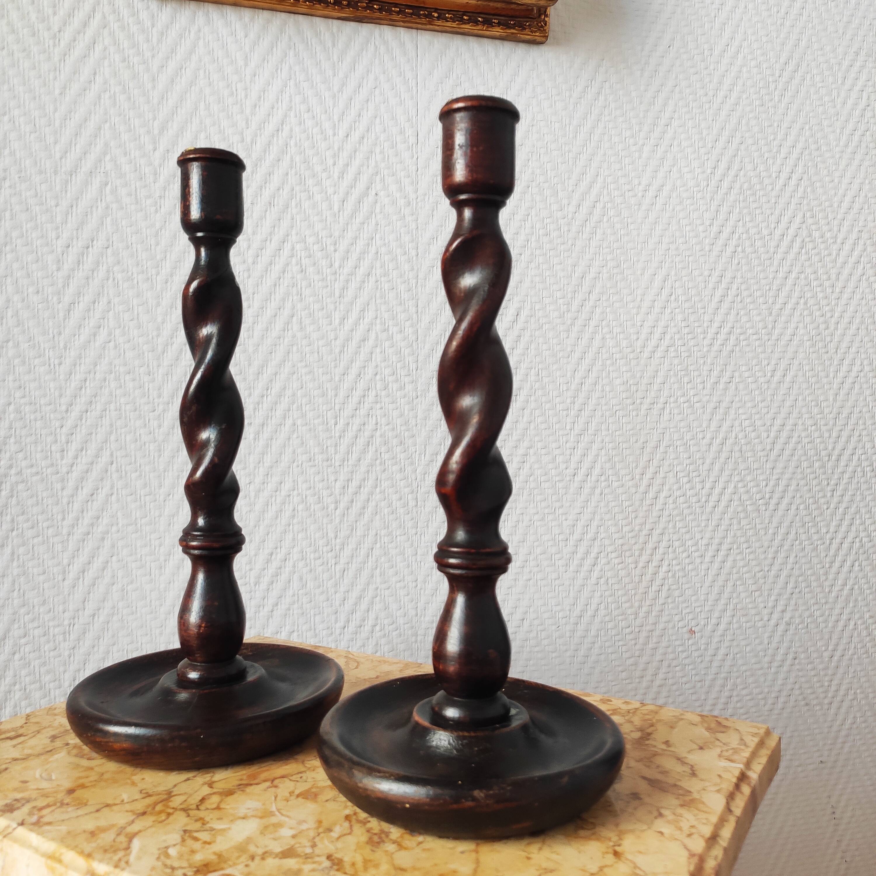 Old pair of English turned wood candlesticks