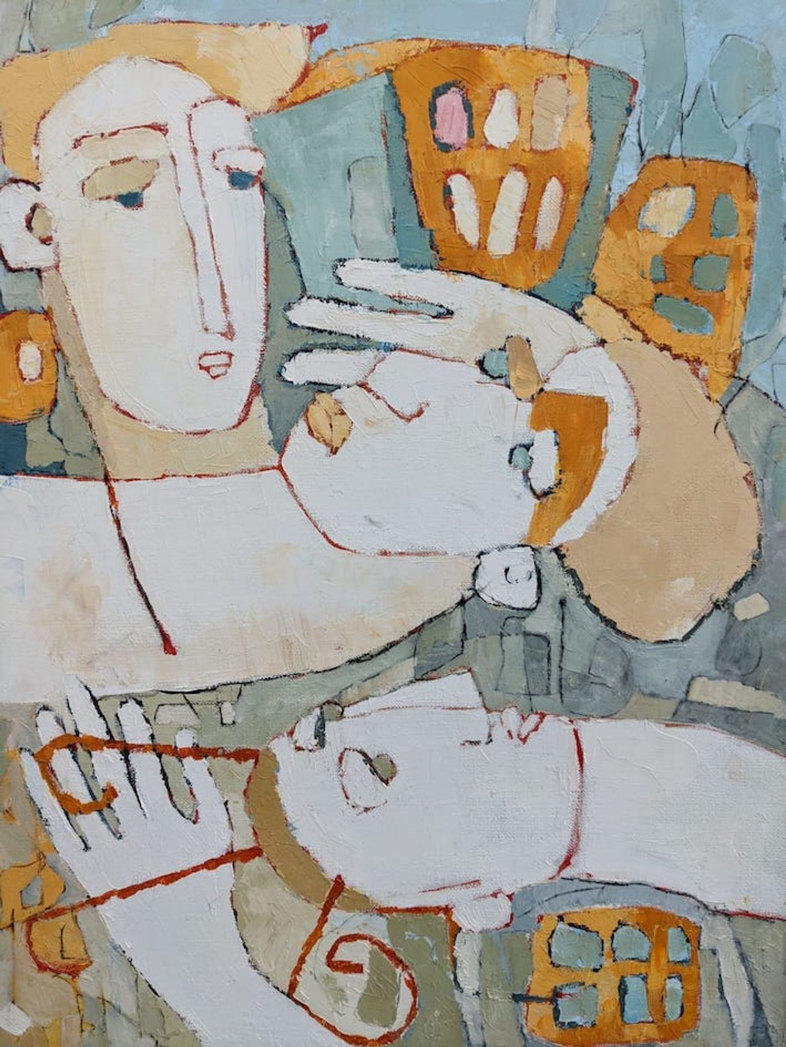 1998 "The Trio" Modernist Style Swedish Expressionist Portrait Oil Painting, Framed