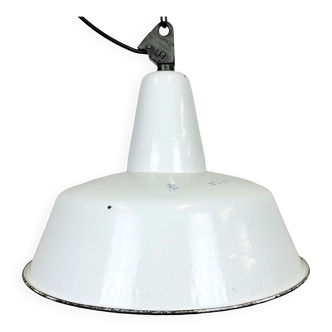 Industrial white enamel factory pendant lamp from zaos, 1960s