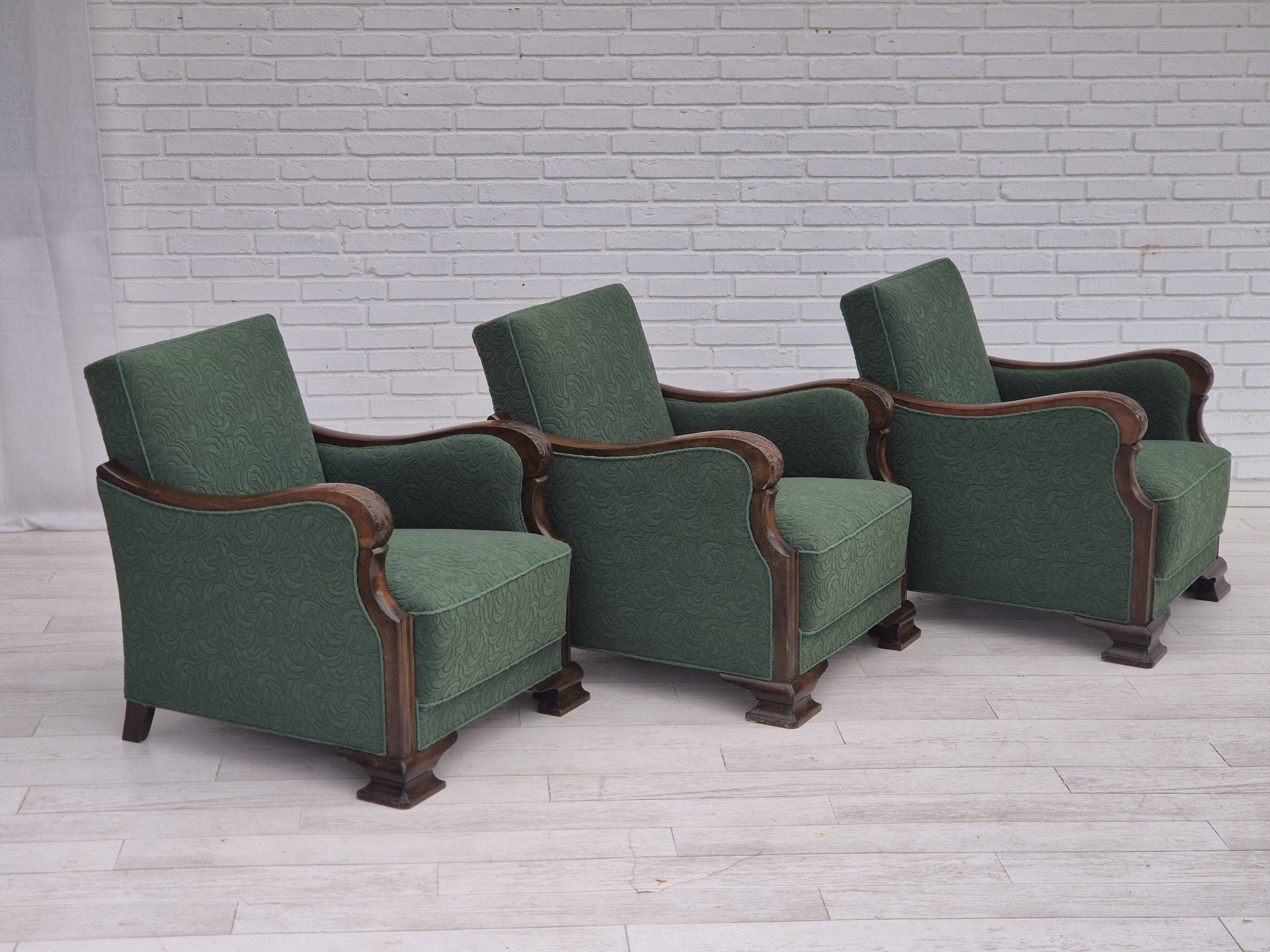 1950s, Danish relax chair, green furniture blend wool fabric, beech wood.
