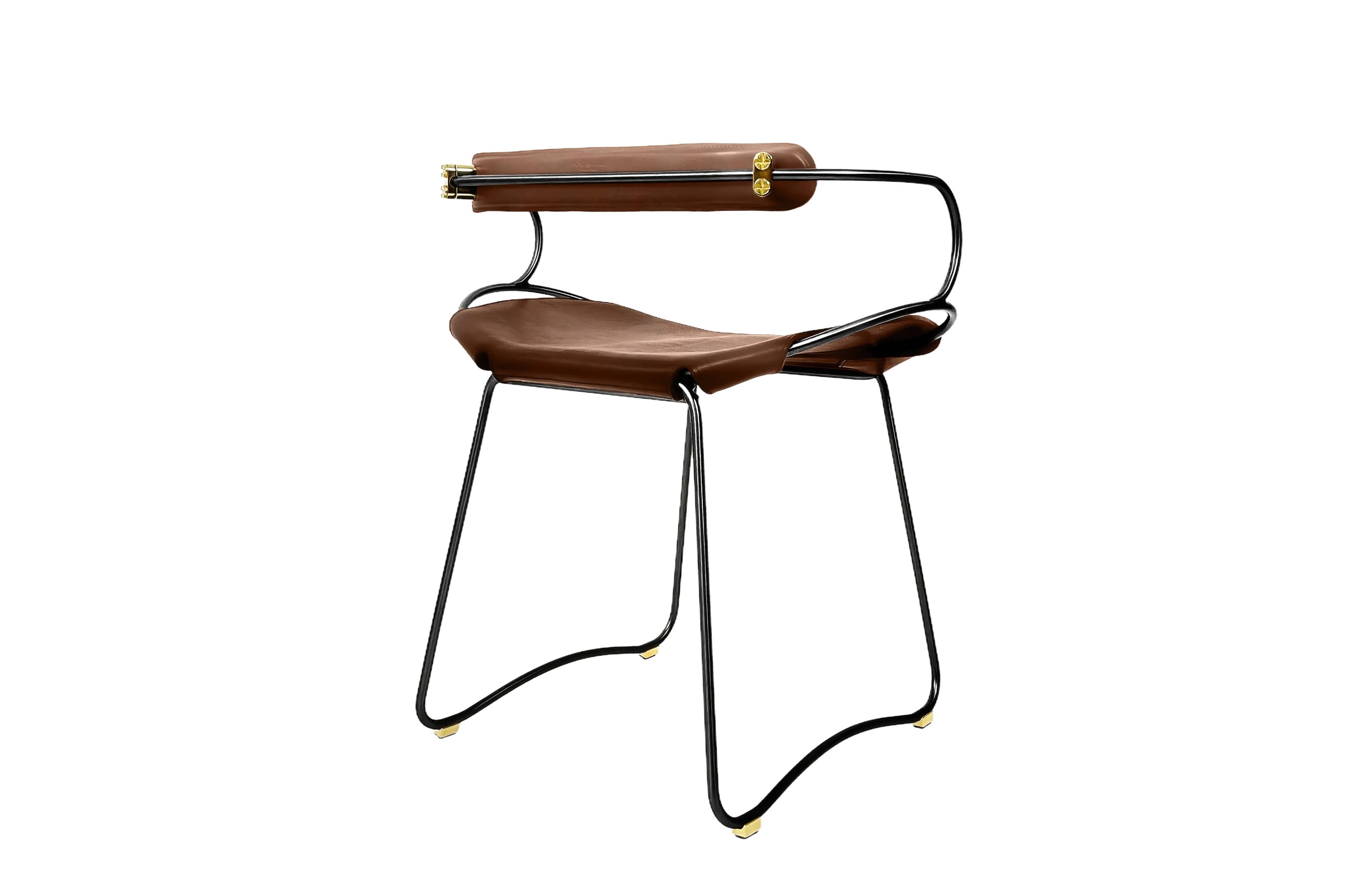 Kitchen bar stool with a smoked black metal back and dark brown leather.