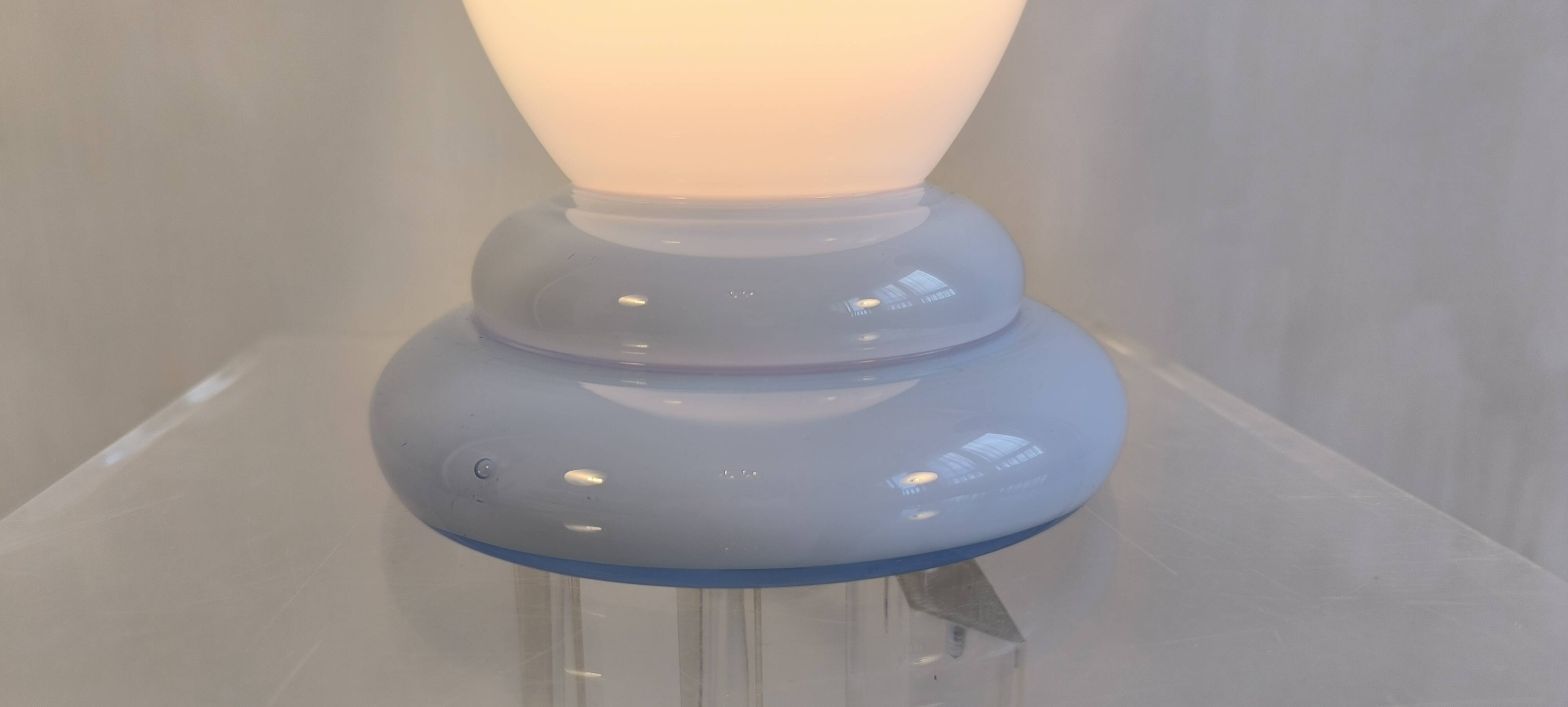 Magnificent large vintage lamp in opaline blue Bohemian glass — signed