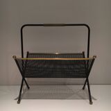 Black lacquered metal design magazine rack, perforated sheet and brass
