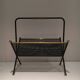 Black lacquered metal design magazine rack, perforated sheet and brass