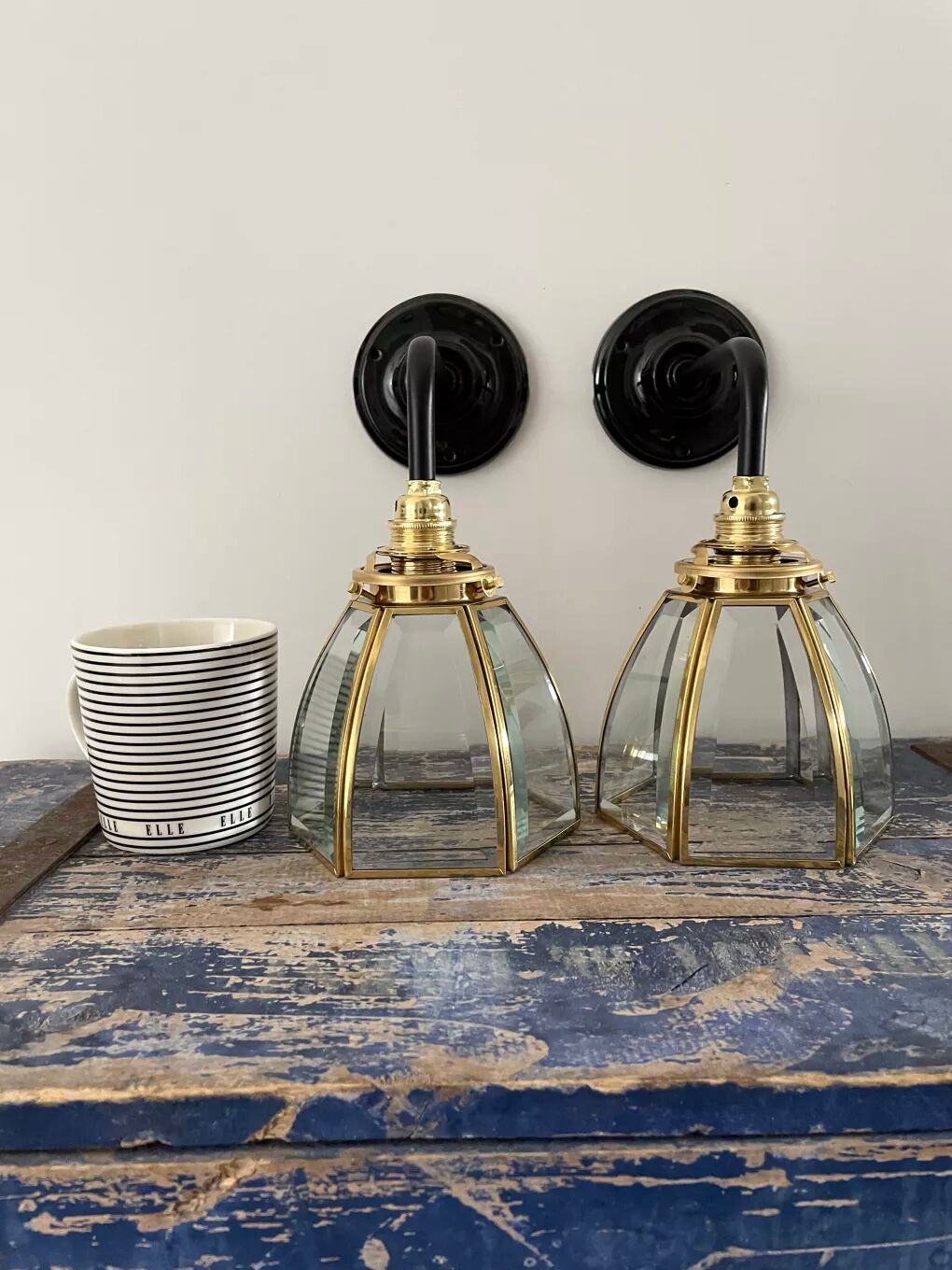Pair of vintage glass and brass sconces electrified to nine