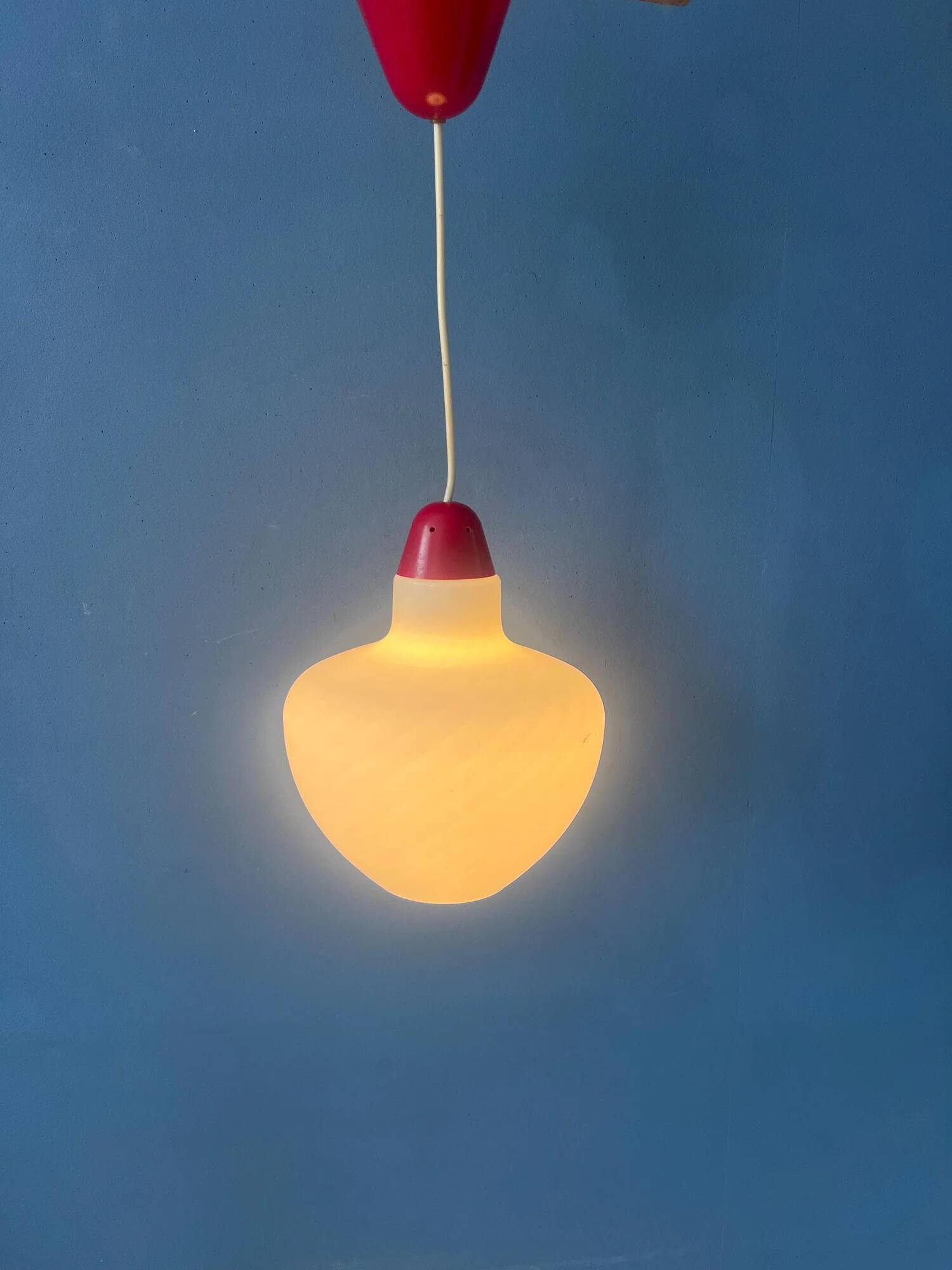 Vintage opal glass pendant light with red top and ceiling cover