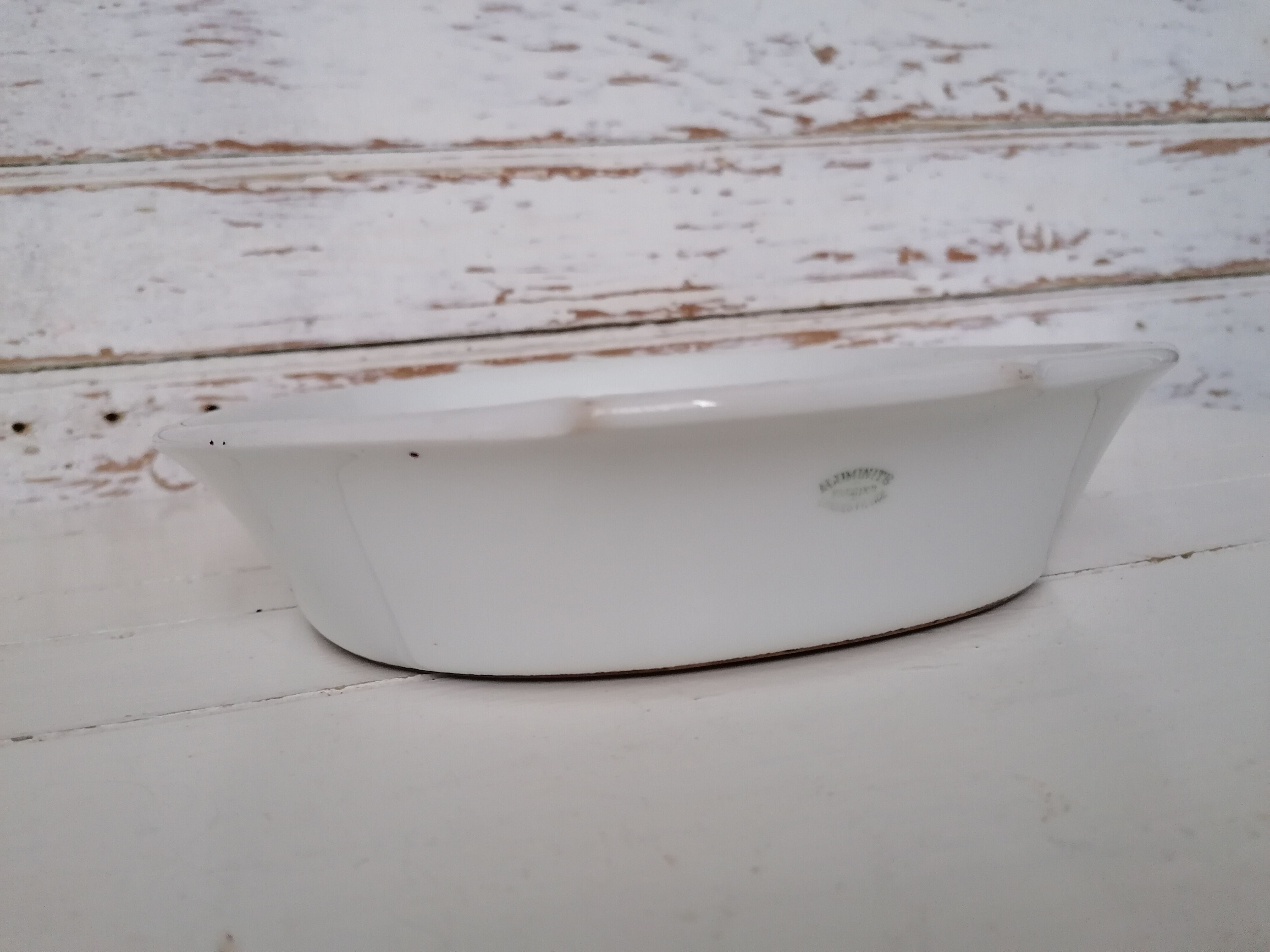 Aluminite Frugier gratin dish, porcelain with fire