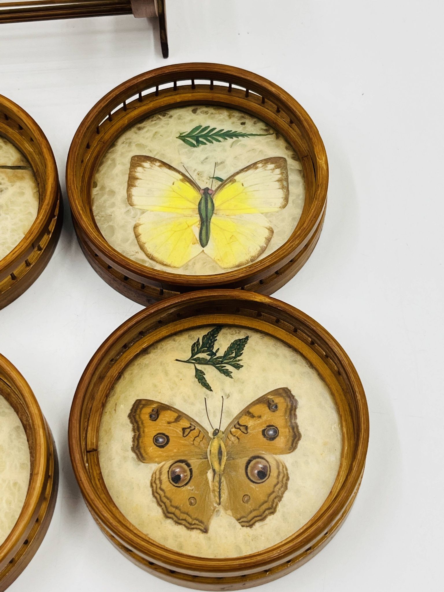 Vintage wooden coaster holder with 6 butterfly coasters.