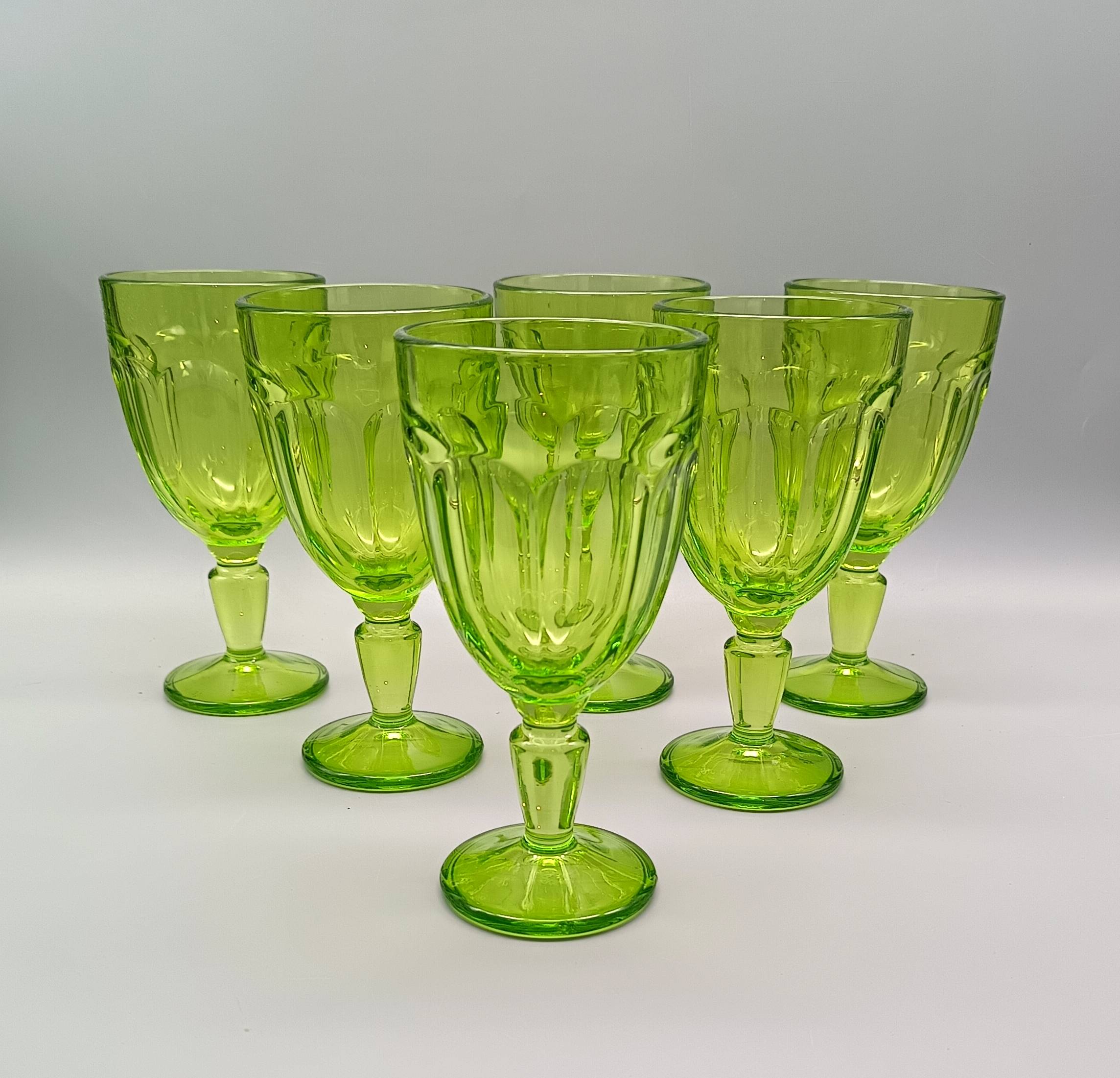6 vintage anise green stemmed glasses