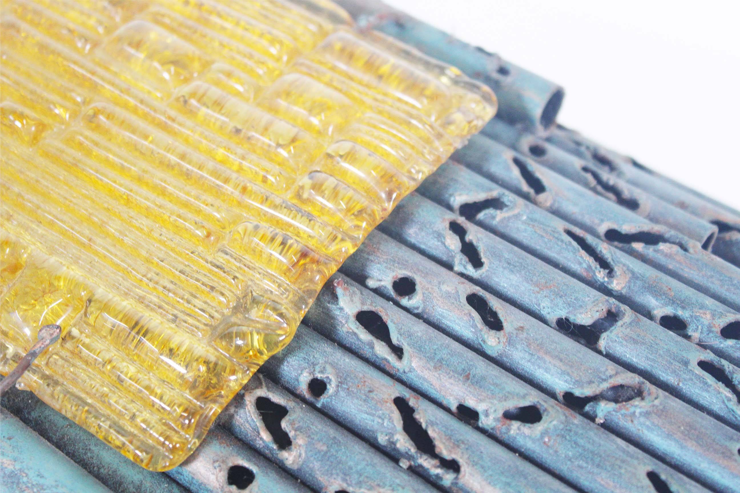 brutalist rough iron and glass wall sconce by Marcello Fantoni