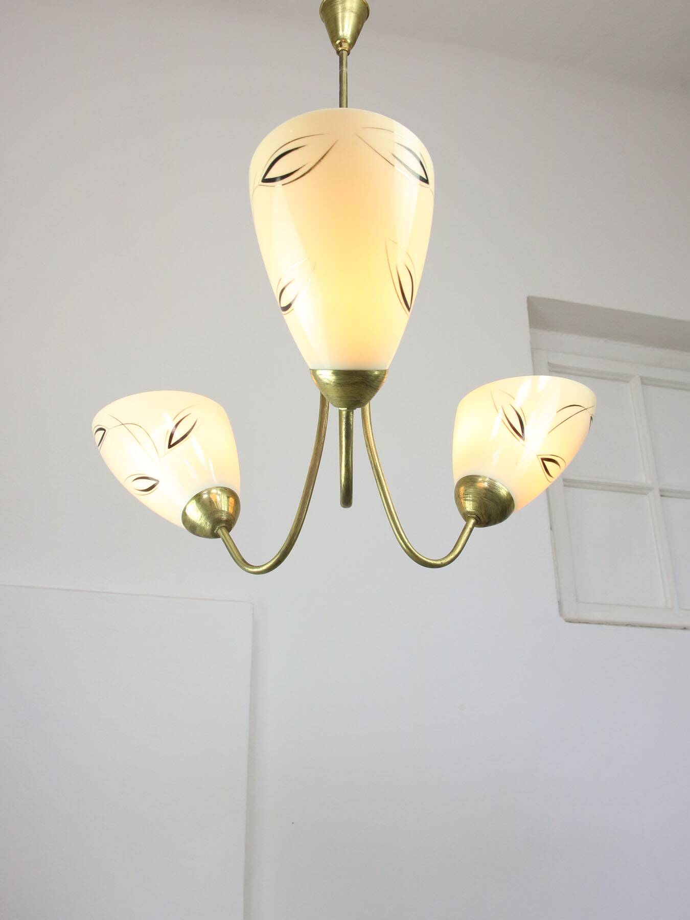 Italian Art Deco Chandelier in Brass and Yellow Glass, 1940s