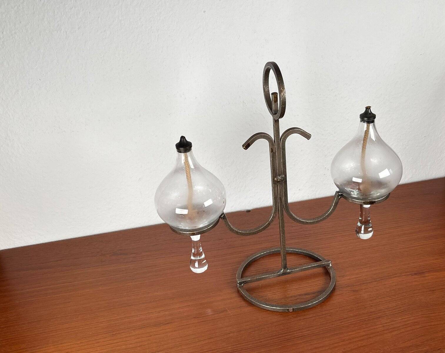 Mid-century Danish wrought iron and glass table oil lamp, 1960s.