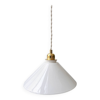 Suspension vintage conique en verre blanc